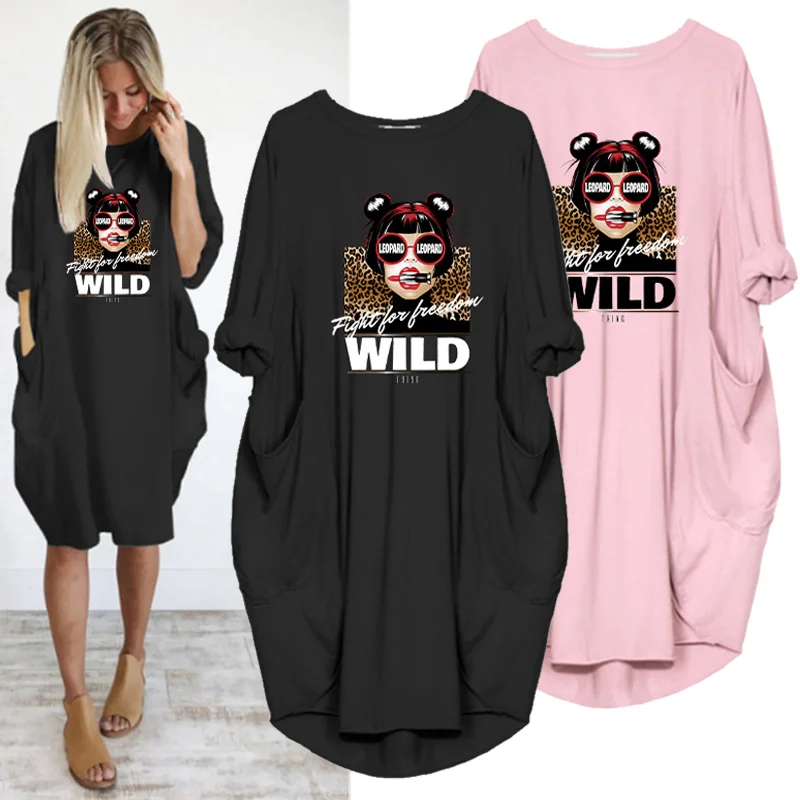 

2020 Autumn Women Dress Cool Girl Letter Print Vintage Long Sleeve Pocket Plus Size Casual Party Woman Dresses Vestidos