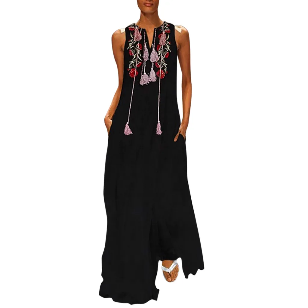 Женское платье с цветочной вышивкой винтажное повседневное хлопковое без