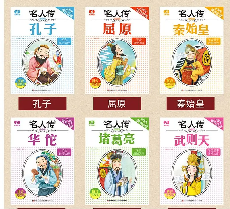 Legend of Chinese heroes short true stories wiht pinyin wuzetian kongzi quyuan zhugeliang libai yuefei xubeihong huotuo