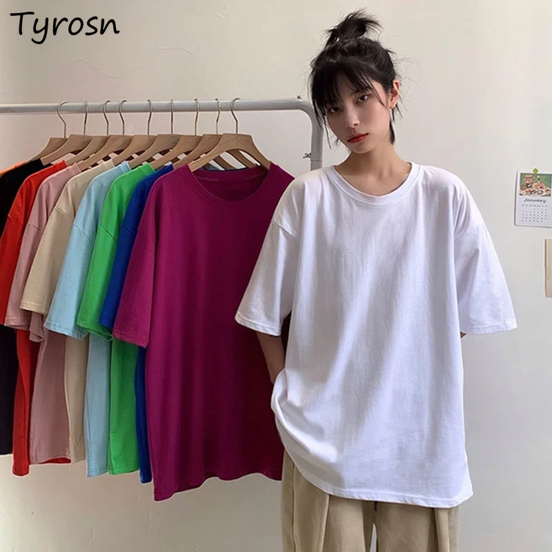 

Short Sleeve T-shirts Women Teenager Comfort Streetwear Korean Style All-match Fashion Mujer Baggy Candy Colors Long Tops Simple