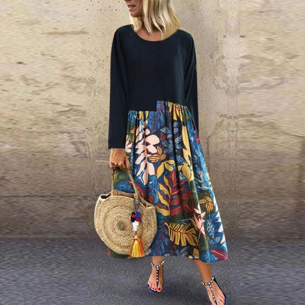 Women Dress Round Collar Cotton Color Collision Print Long Sleeve Female Autumn Winter Casual Plus Size M840# | Женская одежда