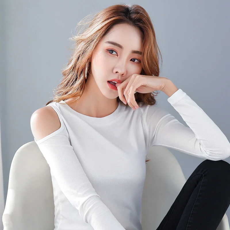 

2021 Basic Cotton T-shirt Women Solid O-neck Off-shoulder Slim Waist Stretchy Casual Tops Tees Long Sleeve Multi Colors T17502A
