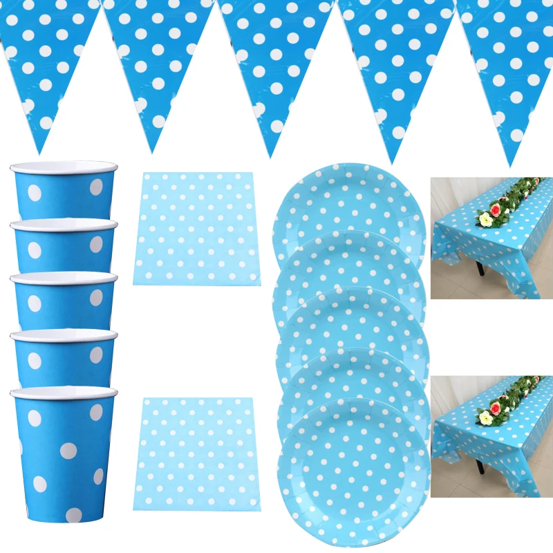 

Blue Dots Theme Napkins Hanging Banner Birthday Party Flags Plates Cups Tablecloth Decorate Boys Kids Favors Bunting 51pcs/lot