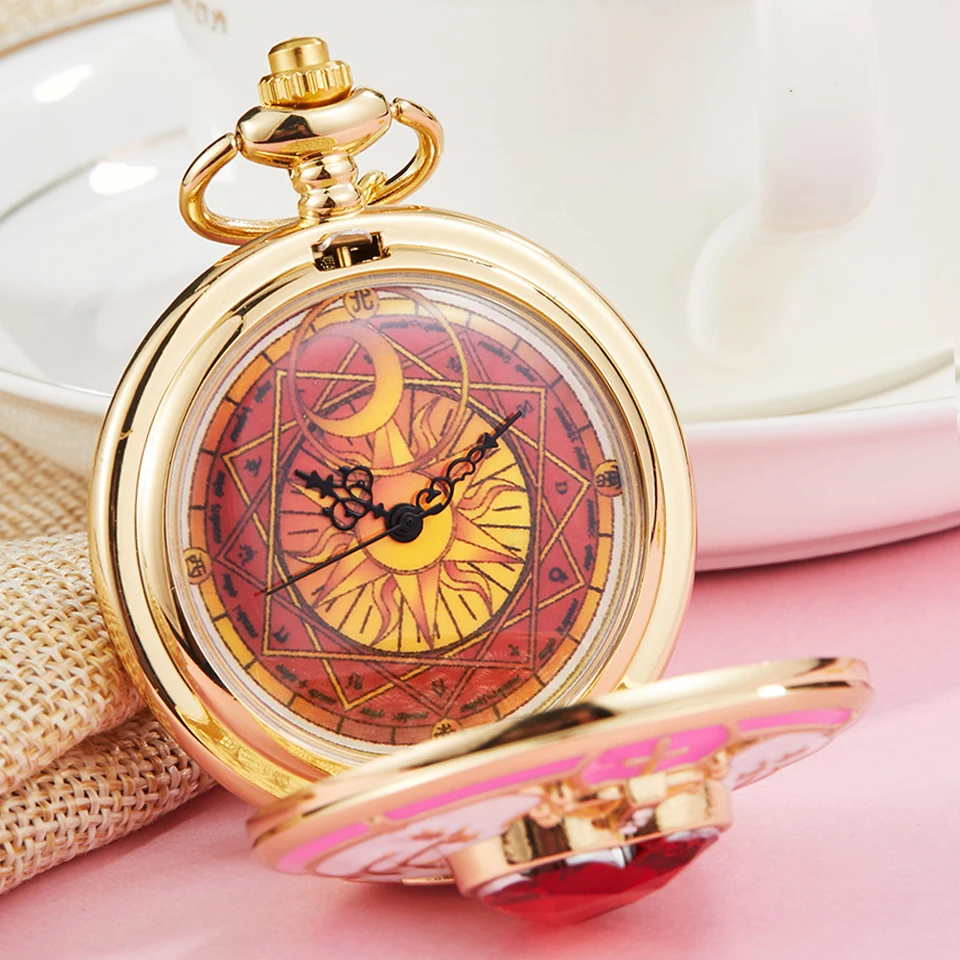 

Японские Аниме золотые карманные часы ожерелье Звезда драгоценный камень розовый кулон цепочка часы женские Волшебные часы подарок для де...
