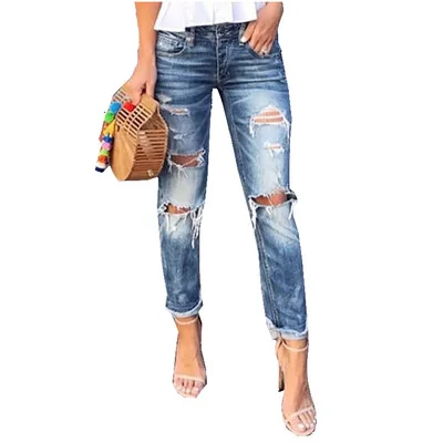 

Women Full Length Jeans Pants Ripped Hole Slim Denim Pant Straight Trousers