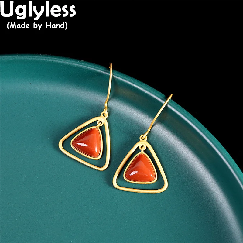 

Uglyless Triangle in Triangle Simple Geometric Jewelry for Women Natural Agate Earrings 925 Silver Brincos Gold Gemstones Bijoux