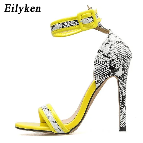 yellow Eilyken на высоком каблуке Пряжка на щиколотке с ремешком женские Босоножки с открытым носком Модные желтые вечерние со вставками из кожи, имитирующей фактуру змеиной кожи женские босоножки Обувь Размеры 41 42 - Цвет: yellow