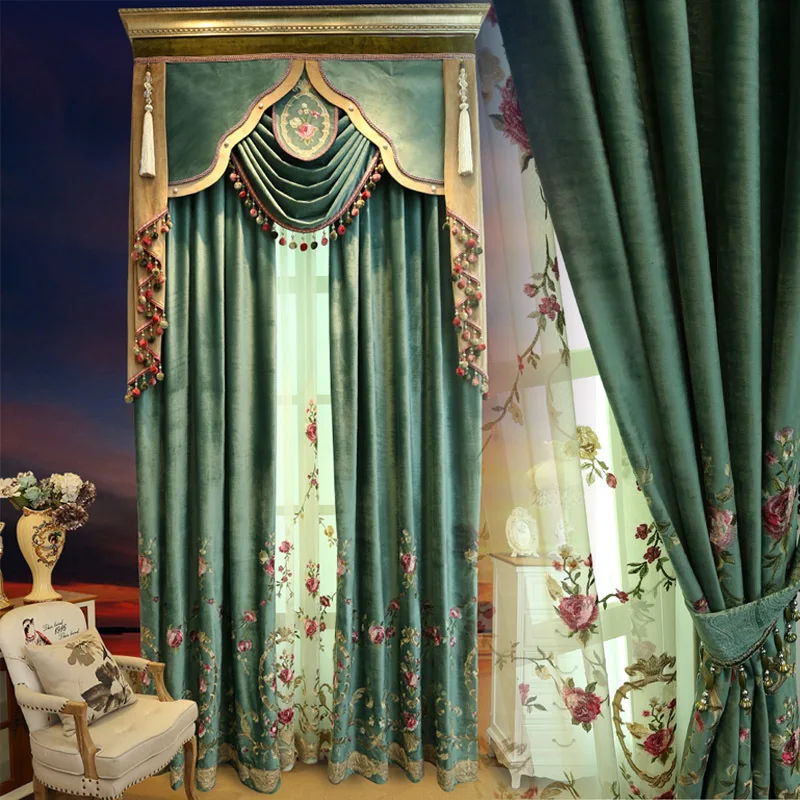 

Green Luxury Villa High Quality Velvet Embroidered Curtains for Living Room Voile Curtain for Bedroom Window Treatment Drapes