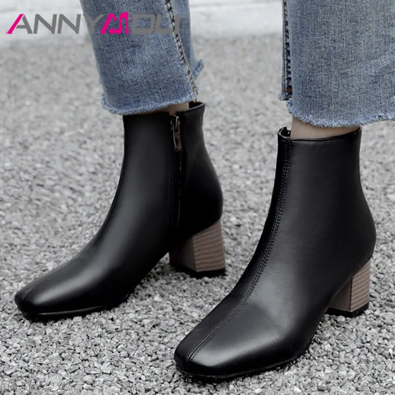 

ANNYMOLI High Heel Woman Boots Block Heel Shoes Square Toe Ankle Boots Zip Ladies Short Boots Winter Brown Apricot Large Size 46