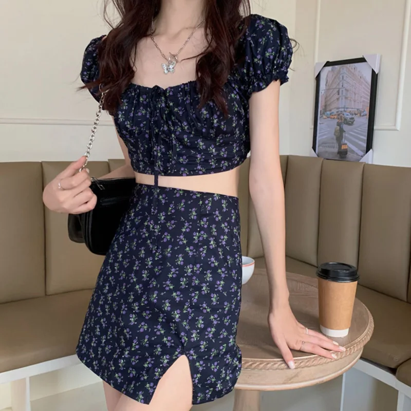 

Femmes Imprime Floral Volants & couches Jupe Ensemble Robe doux Shorts ensembles fleur cassee jupes Navel expose deux pieces