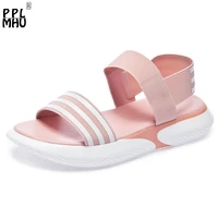 fashionable breathable sandals pink elastic belt thick bottom sponge cake womens shoes 2020 new fish mouth flat shoes 35 40