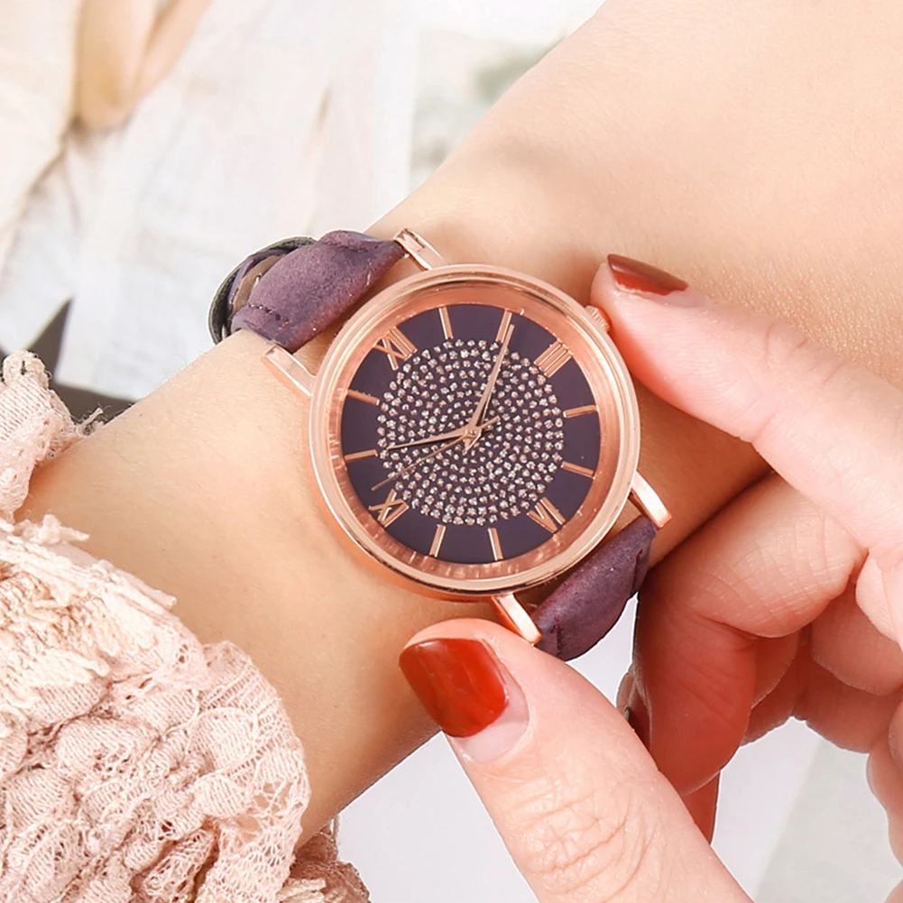 

Women Fashion Rhinestones Inlaid Round Dial Analog Display Quartz Wrist Watch Analog Quartz Wrist Watch popular women