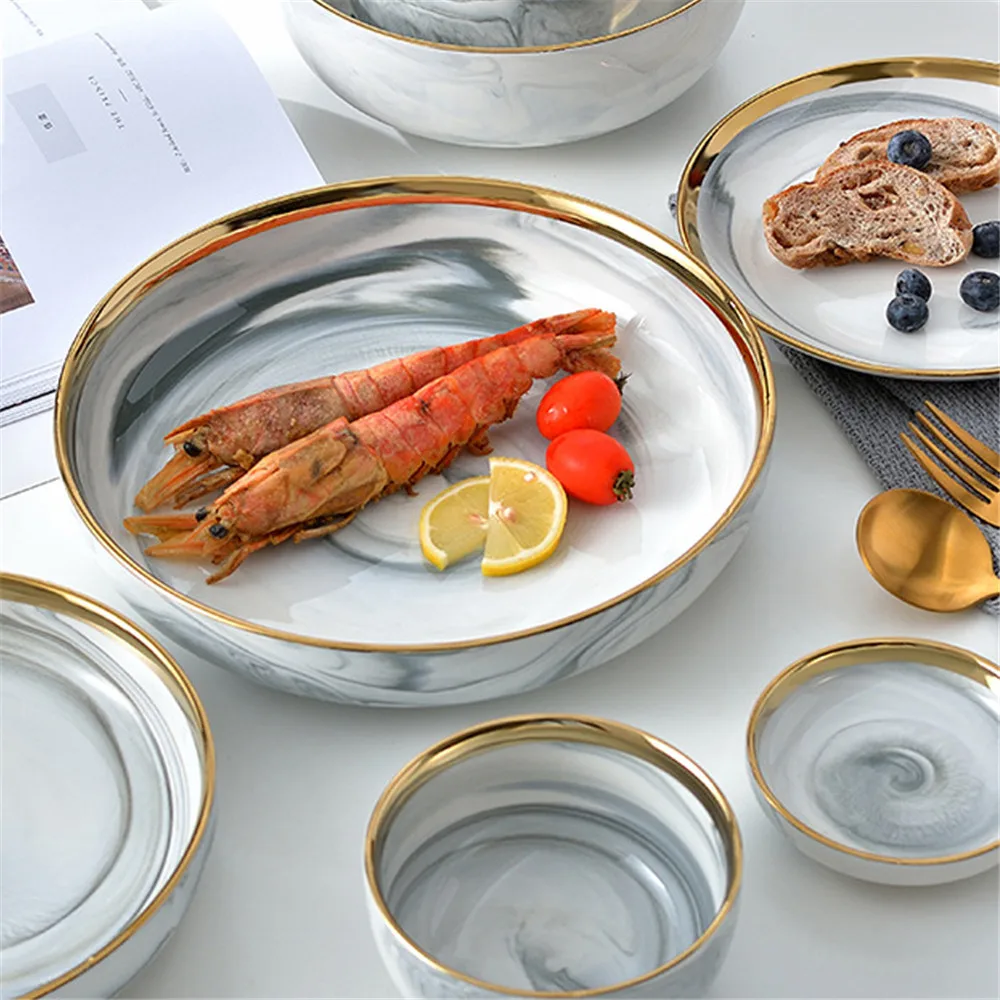 Фарфоровая тарелка с мраморным узором керамическая обеденная кухонная посуда