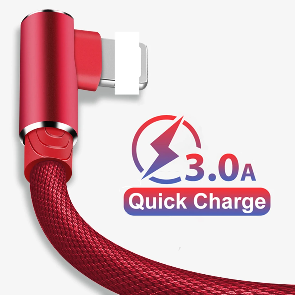 

90 Degree USB Cable Charger Cord 3M 2M Data Wire For iPhone 12 11 Pro Max 6 S 6S 7 8 Plus 5 5S X XR iPad Phone Fast Charge