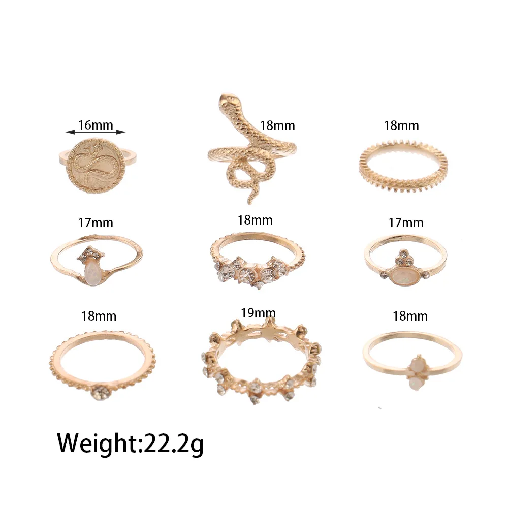

New retro pattern coin and diamond ring opal snake ring nine-piece ring metal fashion ring women's ring party