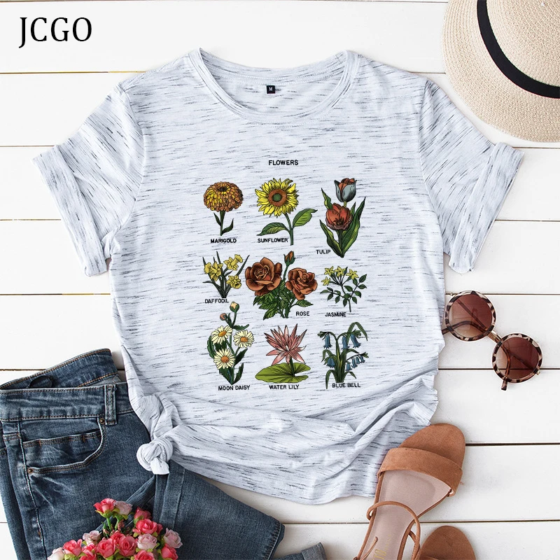 Летняя Хлопковая женская футболка JCGO с цветочным принтом и коротким рукавом