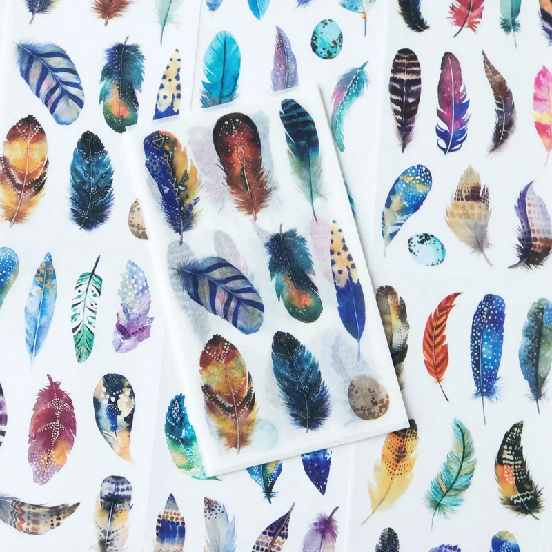 

6 Sheets Magic Colorful Feathers Decorative Stickers Album Diary Stick Label Paper Decor Hand Account