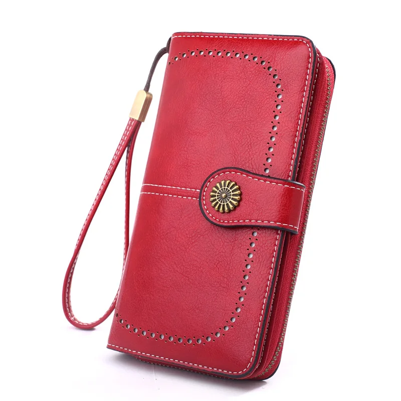 

Fashion ladies wallet retro waxed PU leather mobile phone bag long hollow buckle design coin purse women's card holder clutch