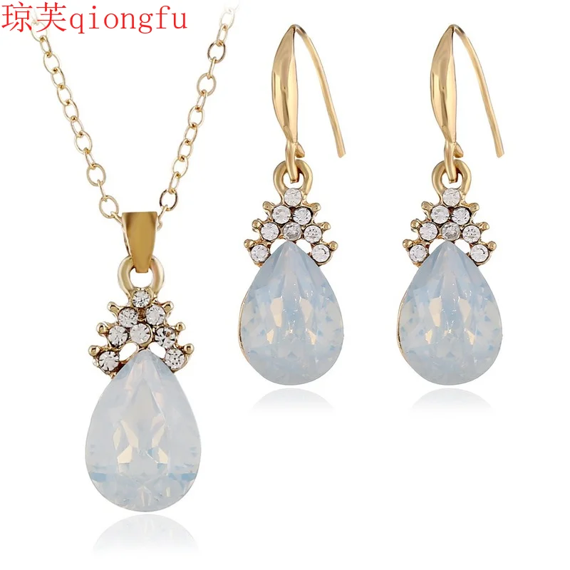 

Qiongfu Natural Stone Exquisite Water Drop Opal Necklace Earrings Jewelry Set Bridal Set Woman Fashion Pendant spiritual jewelry