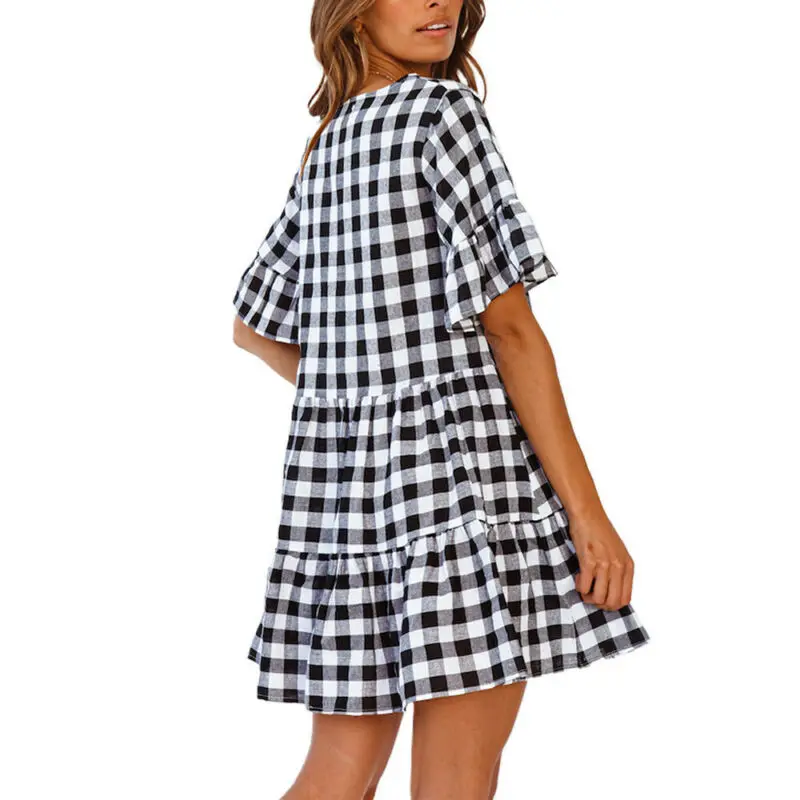 

Women Short Sleeve Plaid Swing Dress Summer V-Neck Holiday Short Mini Dress S-XL