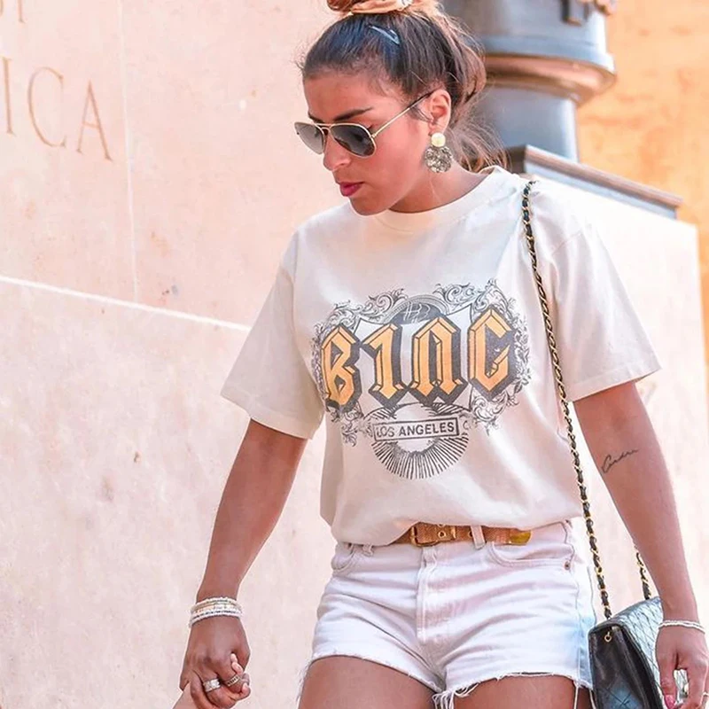 

Rowling Boho Letter Print Graphic Tees Women Summer O Neck Short Sleeve Cotton T-Shirt Shirts Casual Vintage Tshirts Tops 2021