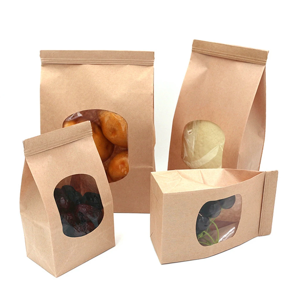 

50Pcs Bakery Bags with Clear Window Sealing Grease Proof Kraft Paper Bag for Food Snacks Cookie Coffee