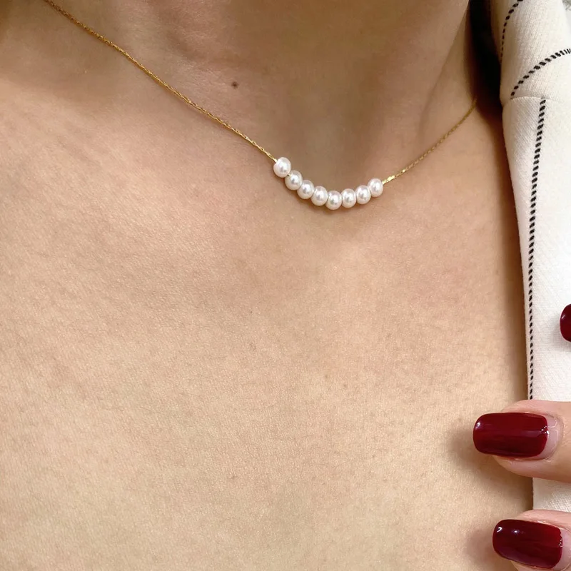 

3mm Pearls Necklace Womens Choker Gold Tone Wire Chain Link Bridesmaid Wedding Gift Minimalist Jewelry