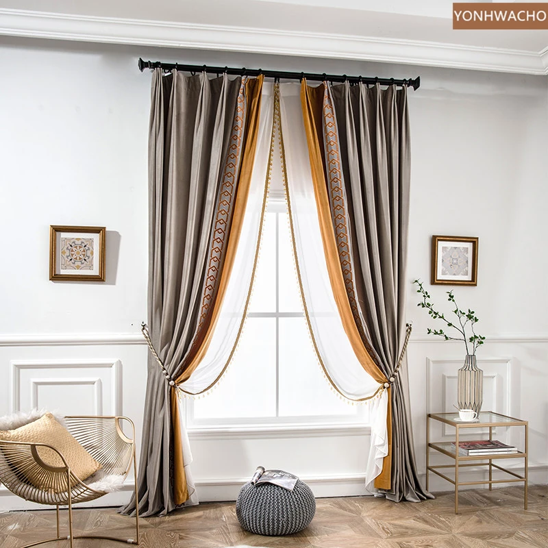 

Custom curtain American flannel modern luxury living room light tan velvet cloth blackout curtain tulle panel C640