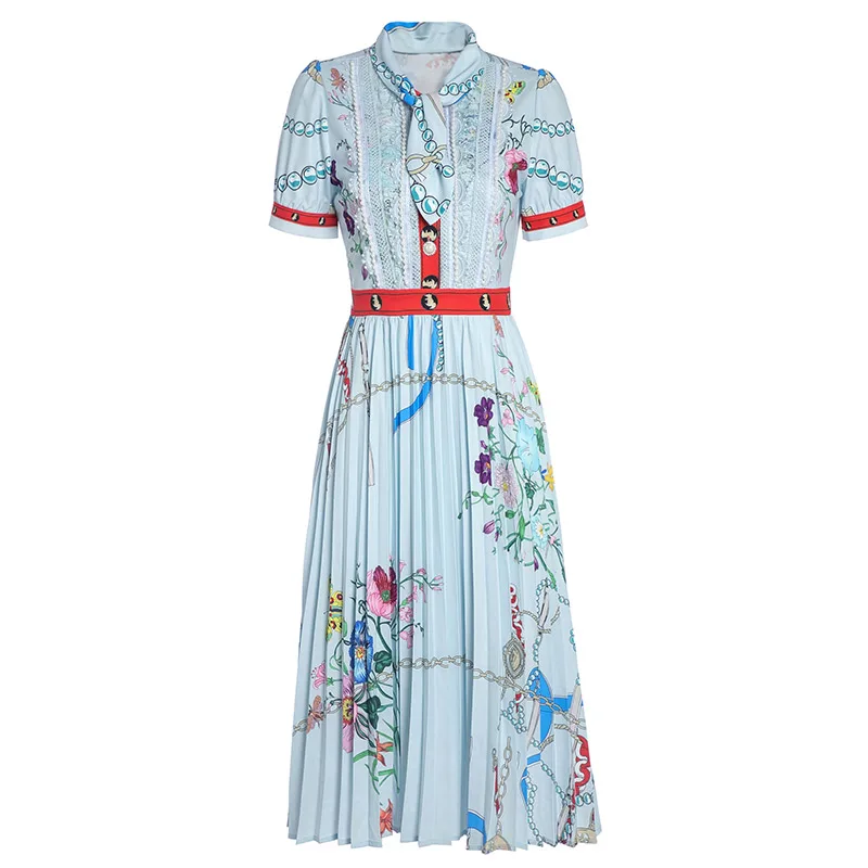 

Seifrmann Summer Women Fashion DesignerPleated Dress Bow Tie Luxury Crystal Lace Floral Print Ladies Midi Dresses vestidos