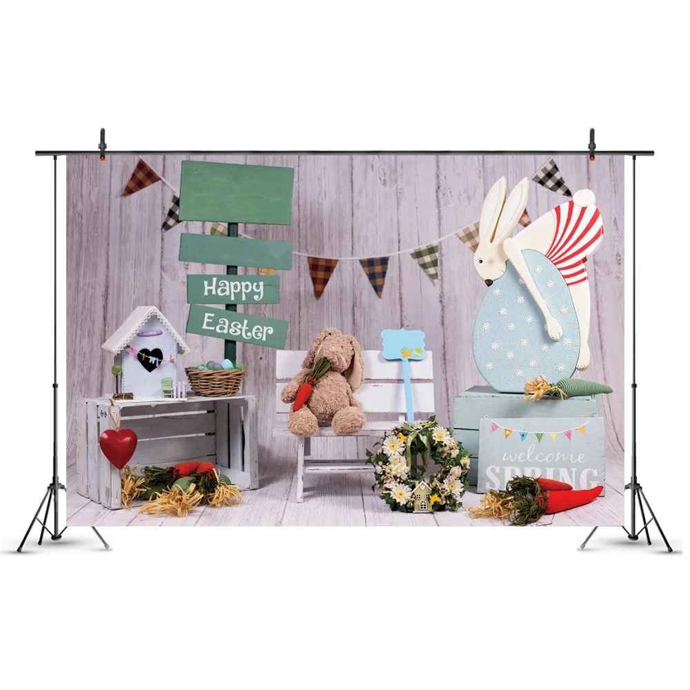 

Easter Bunny Flowers Lawn Bunting Backdrops Photo Background Happy Hoilday Decorations for Kids Photography Props