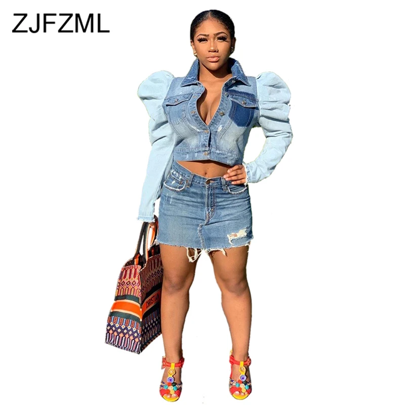 

Puff Sleeve Crop Denim Jacket for Women Turn-Down Collar Buttons Causal Denim Coat Causal Plus Size Pockets Slim Bomber Jacket