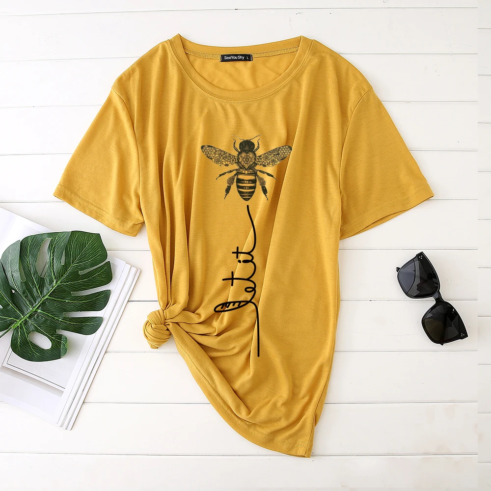 

Seeyoushy Kawaii Bee Printing Women's T-Shirt Harajuku Short Sleeve Oversize Summer Tee Shirt Casual Loose Graphic Ladies Tops