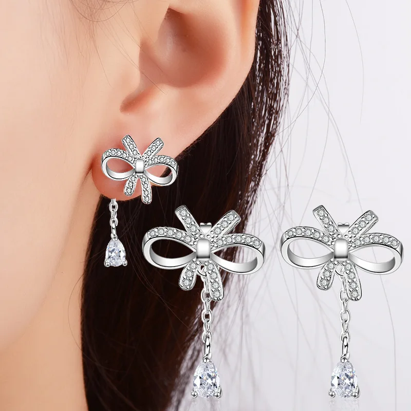 

925 Sterling Silver Micro Inlay CZ Zircon Bow-knot Stud Earrings for Women Girl Jewelry pendientes boucles d'oreilles oorbellen