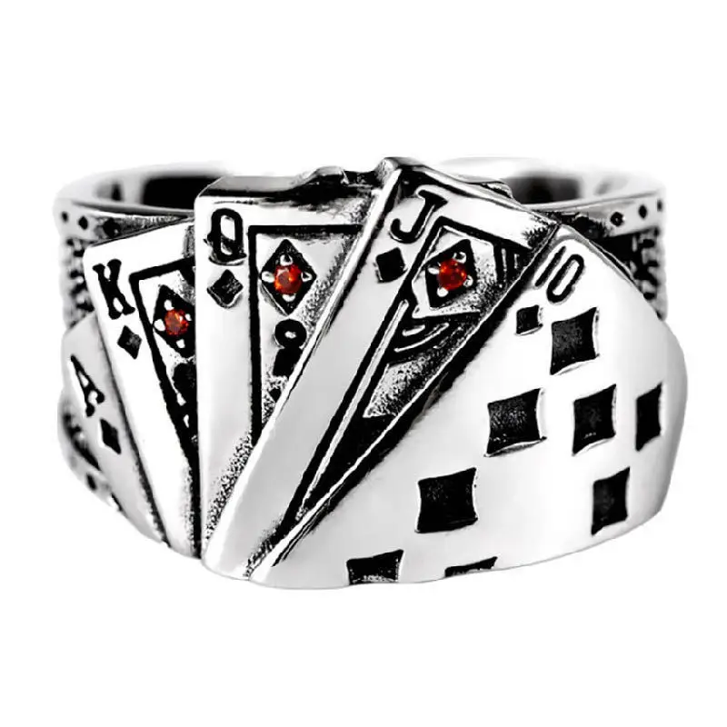 Magic Playing Card Chunky Cubic Zirconia Biker Rings for Women Men Vintage Engraved Adjustable Ring Hip Hop Tibetan Jewelry