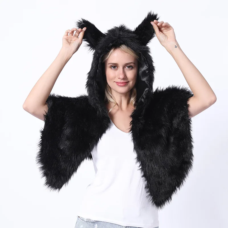 Women Men Animal Faux Fur Hat  with Shawl Wolf Plush Warm Animal Cap Shawl Scarf Halloween Christmas Party Novelty Fur Hats