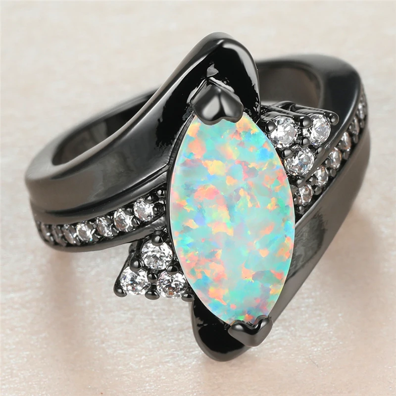 

Luxury Female White Leaf Opal Ring Charm 14KT Black Gold Thin Wedding Rings For Women Punk Bride Round Zircon Engagement Ring