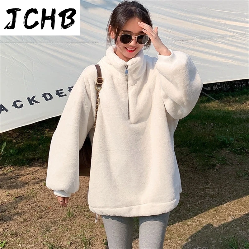 

2021 Women Hoodies Fashion Winter Stand-up Collar Sweatshirts Casual Turtleneck Thicken Loose Lazy Wind Warm Female Soft Long Sl
