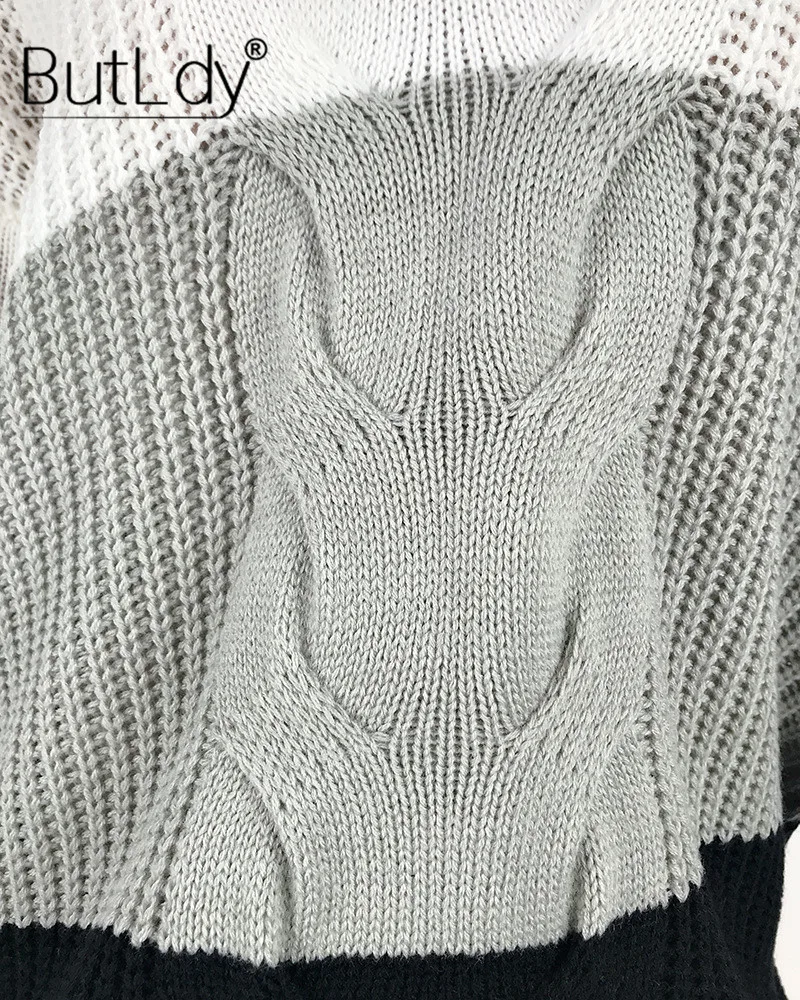 

V-neck Stitching Off Shoulder Sweater Women Loose Hollow Pullovers Autumn Winter New Style 2019 Long Sleeve Sweater For Women