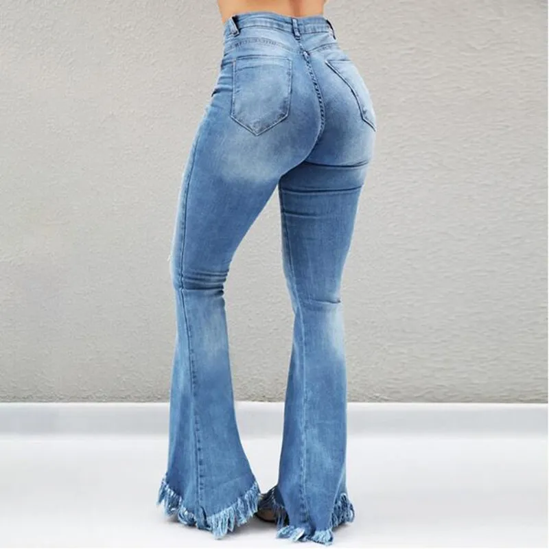Женские джинсы с завышенной талией рваные расклешенные брюки бахромой
