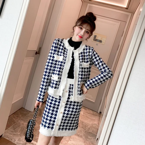 picture color Новинка года; сезон осень-зима; Модная трикотажная куртка с кисточками и рисунком «гусиные лапки» Женский комплект 2 шт.; пальто+ короткая юбка карандаш; костюмы - Цвет: picture color