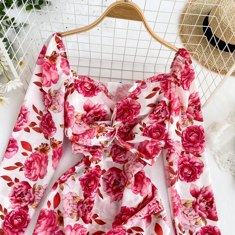 Gagarich Women Elegant Dresses Femme Sweet Floral Print Pleated Irregular Short Vestidos Spring Square Collar Full Dress Fairy | Женская