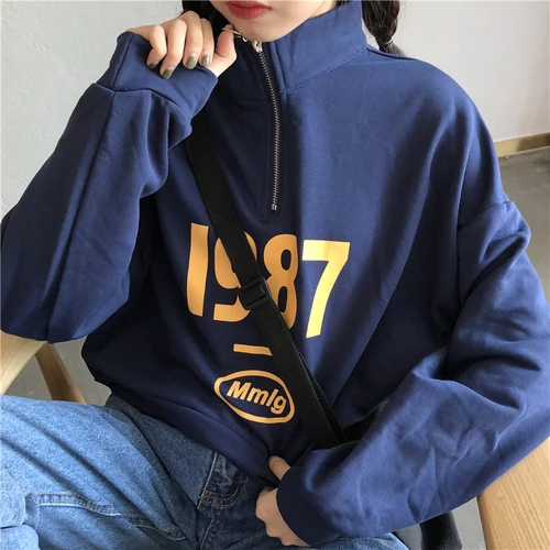 На Молнии Темно голубые с буквами принтом повседневная свободная воротником