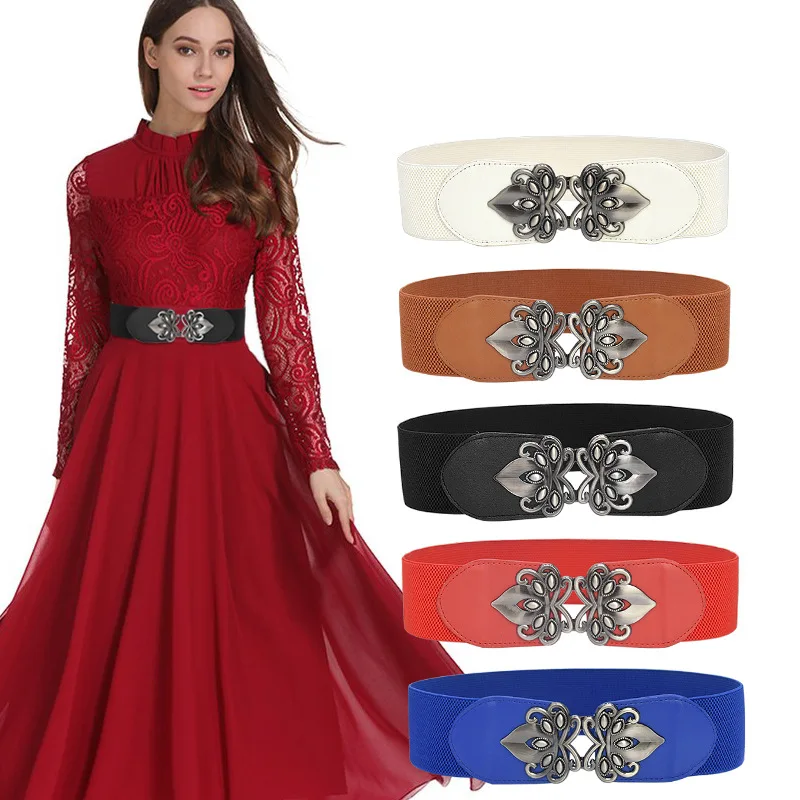 

Women Vintage Carved Girdle Loose Tight Waistband Designer Hasp Wide Belt Knitting Belt All-Match Dress Elastic Belts For Ladies