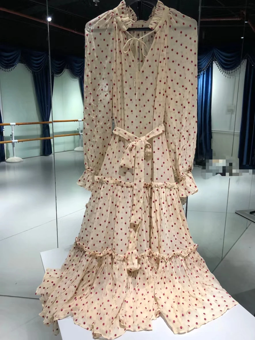 

Flocking 100% Silk Vintage Polka Dot Wooden Ears Lace-up A-Line Ladies Dress