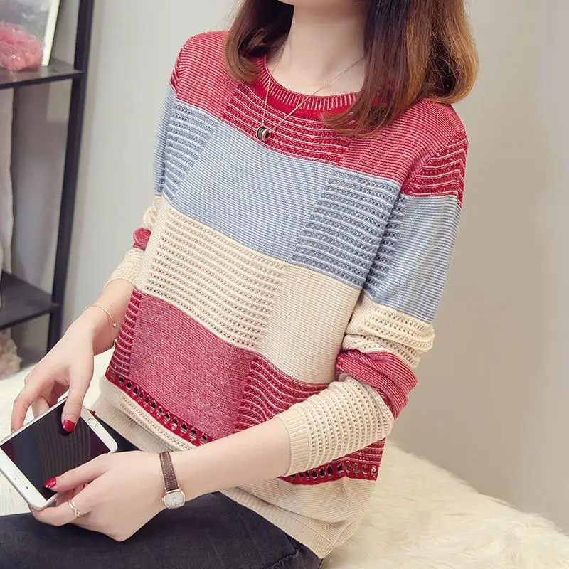 

Women's spring and Autumn New Women's loose stripe long sleeve bottomed sweater Pullover coat