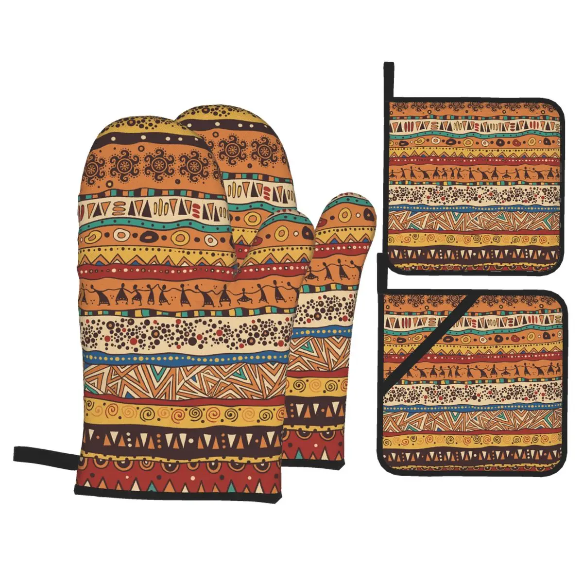 

4 Set of Kitchen Gloves Insulation African Pattern Pad Cooking Microwave Gloves Baking BBQ Oven Potholders Mitts