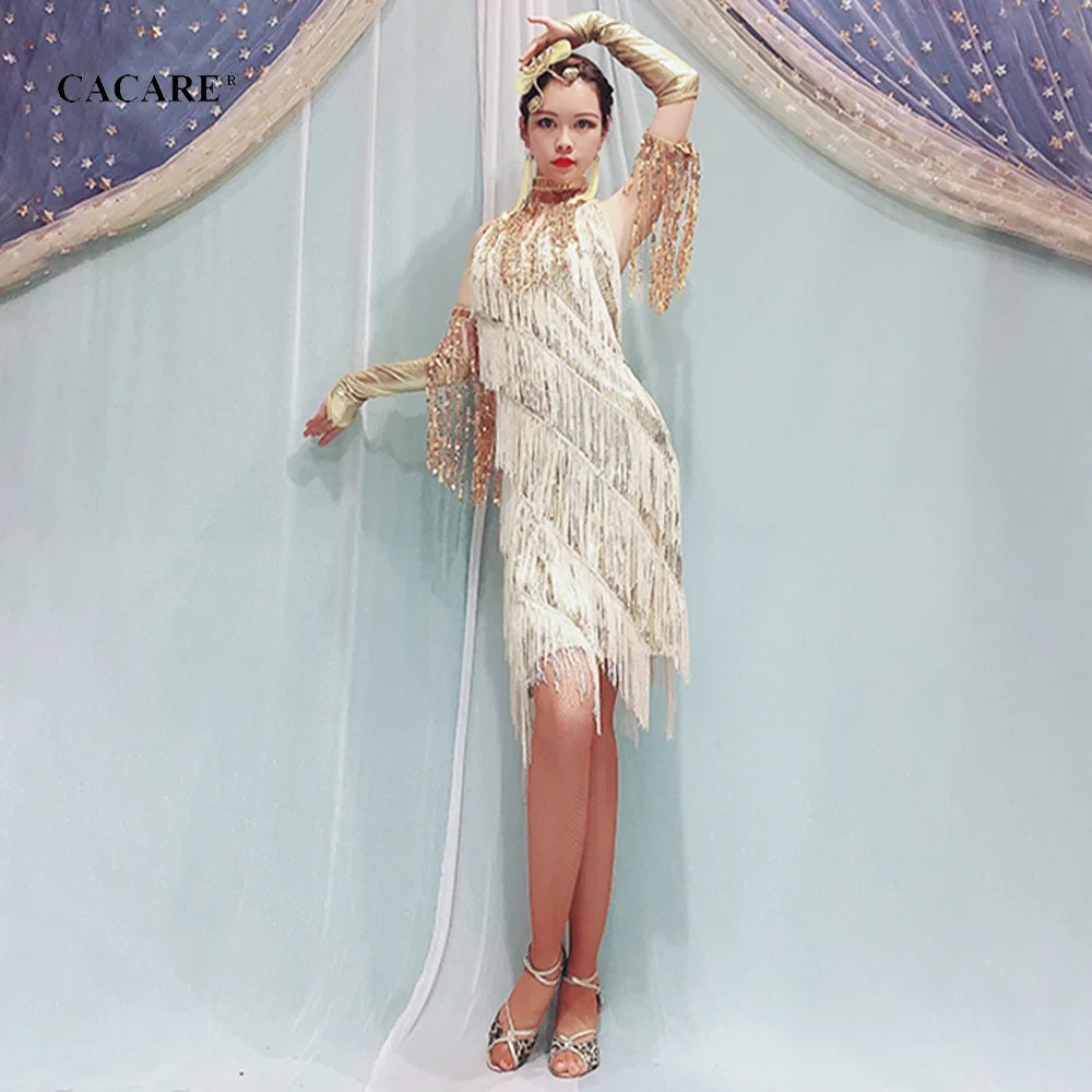 CACARE Fringed Dress Latin Dance Women Samba Salsa Tango D0045 Gold with Sequins Tassels Necklace Gloves | Тематическая одежда и