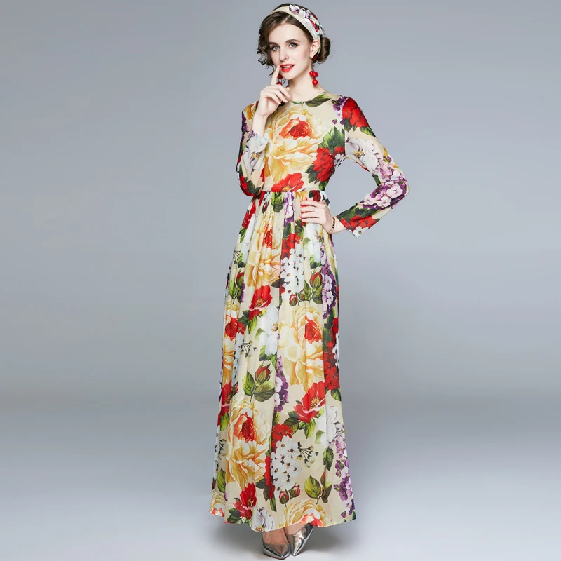 

Autumn Romantic Floral Holiday Maxi Dress Robe Women Long Sleeve Flower Print Sashes Pleated Chiffon Long Dress Scarf k6110