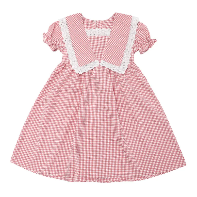 

Children Dresses Fashion Kids Clothes Girls Short Sleeve Leisure Patchwork Lace Plaid Princess Dress Cotton Blend Summer Dress