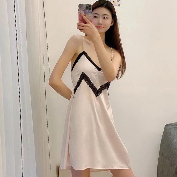 New European Sexy Nightdress Fashion 2021 Summer Silk Women Nightwear Lace Splicing Hanging Belt Skirt Home Wear Sleepwear